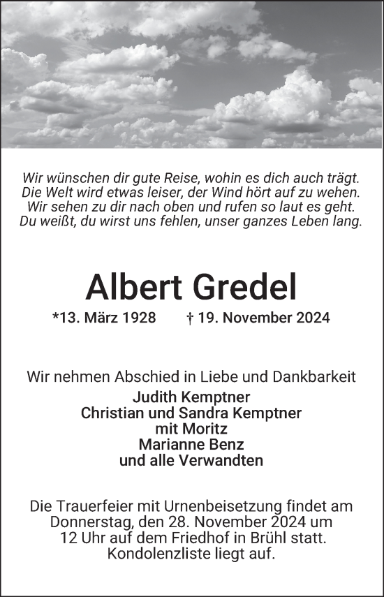 Traueranzeige von Albert Gredel von Schwetzinger Zeitung