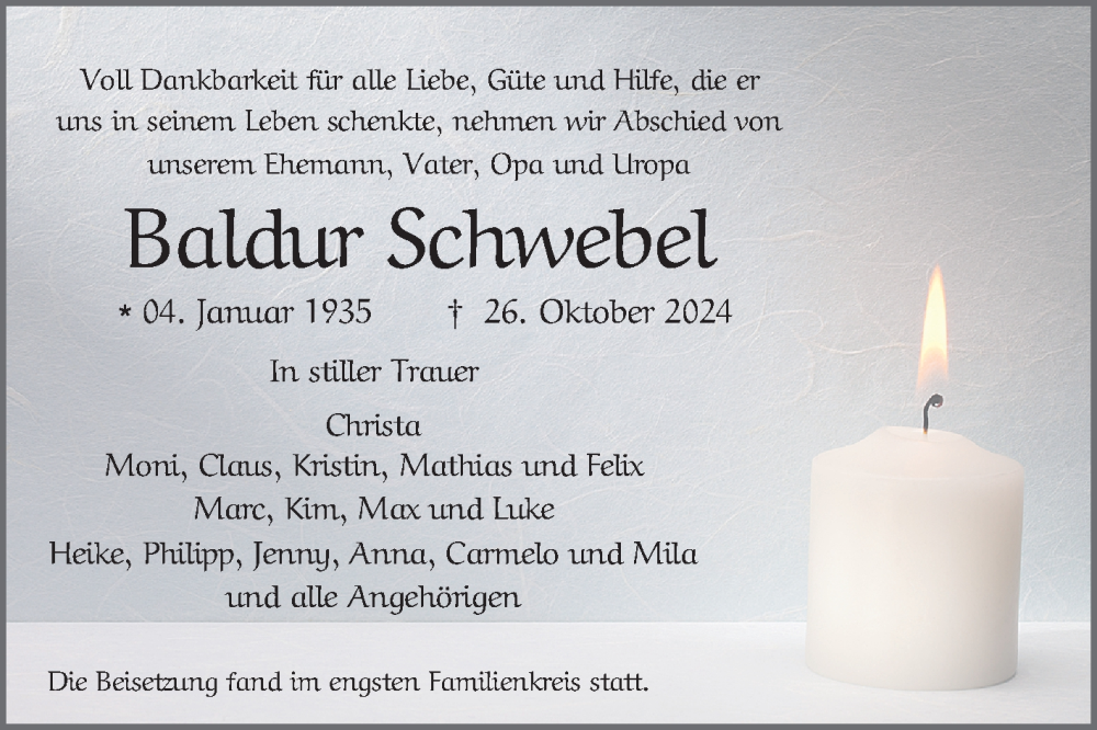  Traueranzeige für Baldur Schwebel vom 16.11.2024 aus Mannheimer Morgen