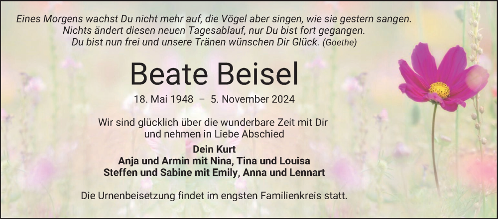  Traueranzeige für Beate Beisel vom 23.11.2024 aus Mannheimer Morgen