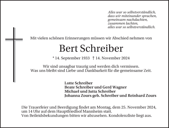 Traueranzeige von Bert Schreiber von Mannheimer Morgen