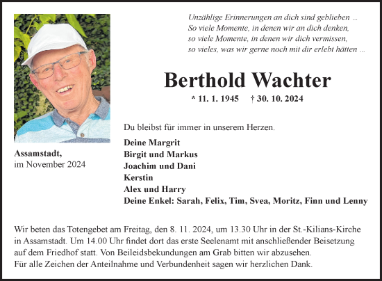 Traueranzeige von Berthold Wachter von Fränkische Nachrichten