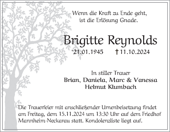 Traueranzeige von Brigitte Reynolds von Mannheimer Morgen