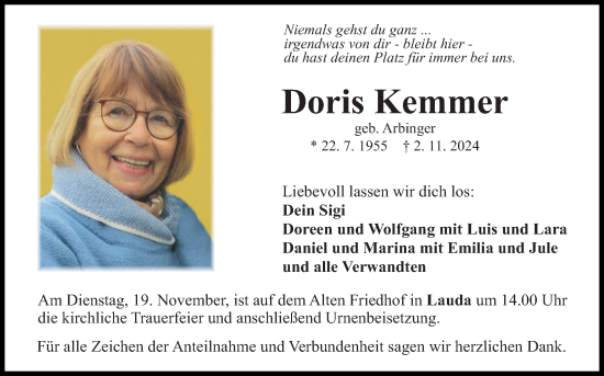 Traueranzeige von Doris Kemmer von Fränkische Nachrichten