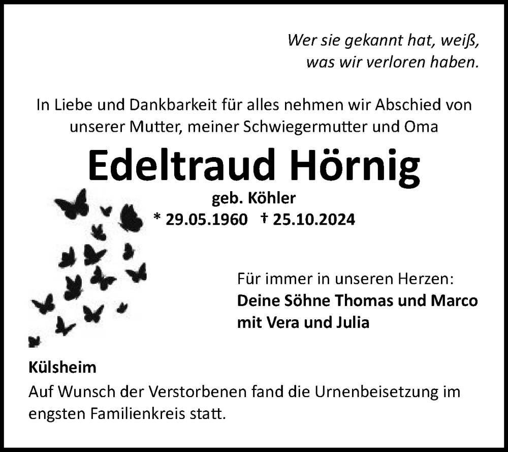  Traueranzeige für Edeltraud Hörnig vom 09.11.2024 aus Fränkische Nachrichten