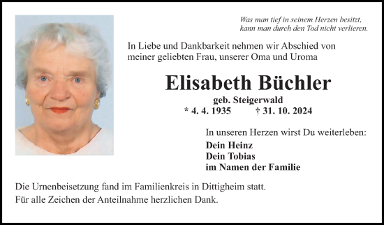 Traueranzeige von Elisabeth Büchler von Fränkische Nachrichten