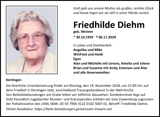 Traueranzeige von Friedhilde Diehm von Fränkische Nachrichten