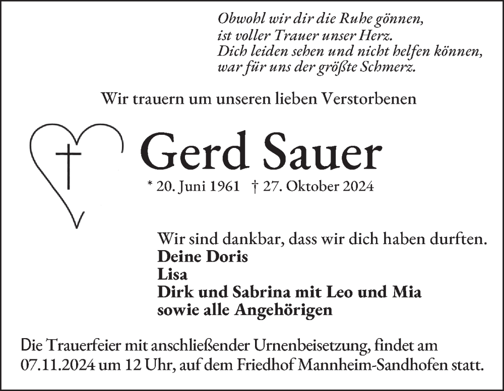  Traueranzeige für Gerd Sauer vom 02.11.2024 aus Mannheimer Morgen