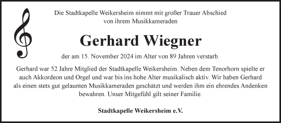 Traueranzeige von Gerhard Wiegner von Fränkische Nachrichten