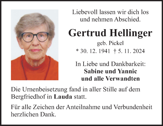 Traueranzeige von Gertrud Hellinger von Fränkische Nachrichten