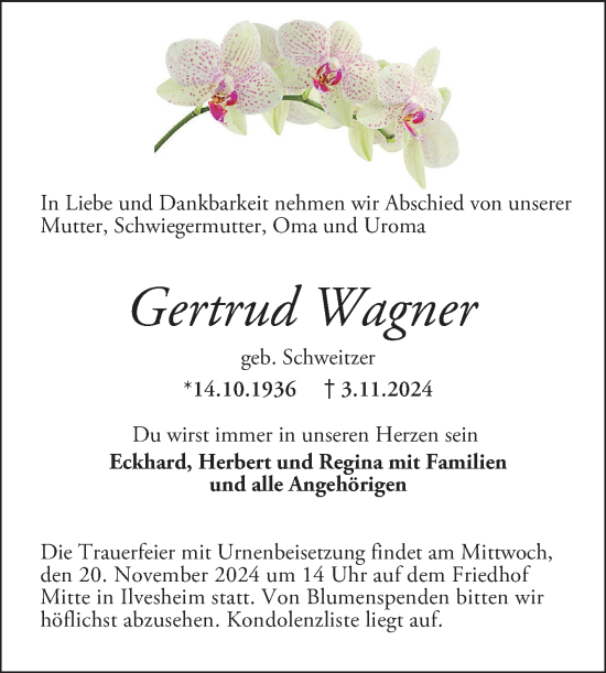 Traueranzeige von Gertrud Wagner von Mannheimer Morgen