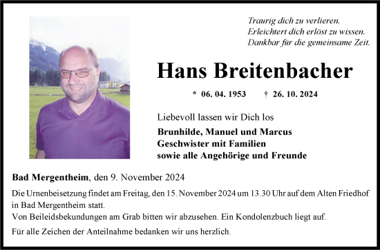 Traueranzeige von Hans Breitenbacher von Fränkische Nachrichten