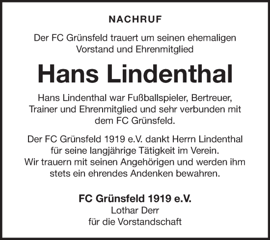 Traueranzeige von Hans Lindenthal von Fränkische Nachrichten