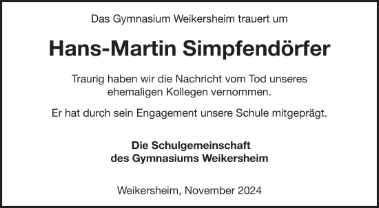 Traueranzeige von Hans-Martin Simpfendörfer von Fränkische Nachrichten