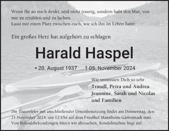 Traueranzeige von Harald Haspel von Mannheimer Morgen