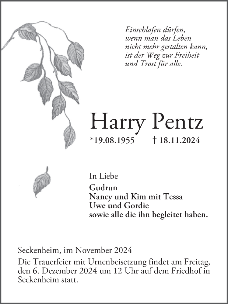  Traueranzeige für Harry Pentz vom 30.11.2024 aus Mannheimer Morgen