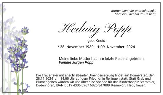 Traueranzeige von Hedwig Popp von Schwetzinger Zeitung