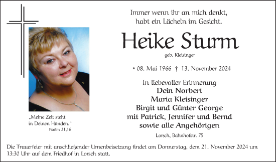 Traueranzeige von Heike Sturm von Bergsträßer Anzeiger