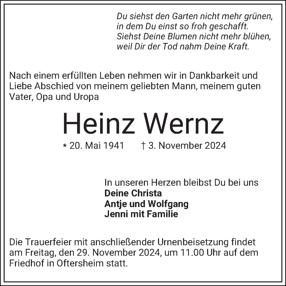  Traueranzeige für Heinz Wernz vom 23.11.2024 aus Schwetzinger Zeitung