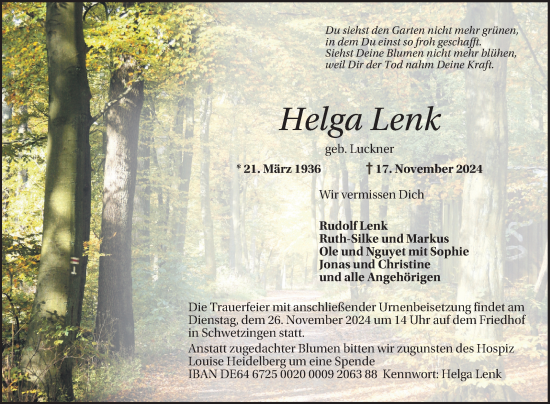 Traueranzeige von Helga Lenk von Schwetzinger Zeitung