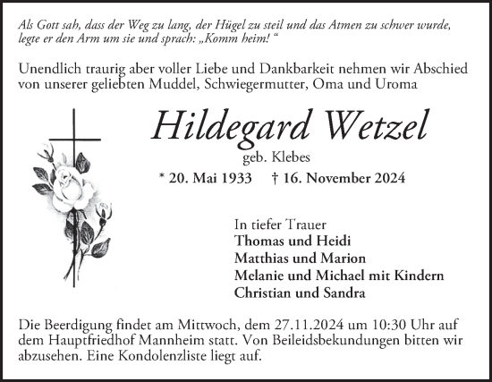 Traueranzeige von Hildegard Wetzel von Mannheimer Morgen