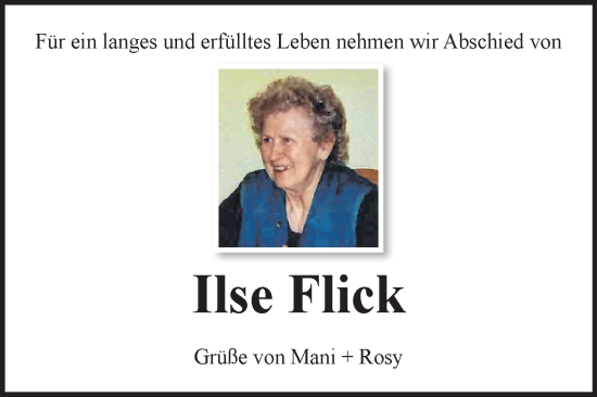 Traueranzeige von Ilse Flick von Fränkische Nachrichten