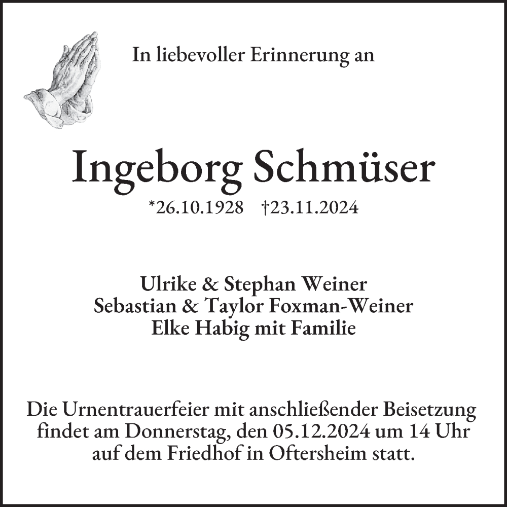  Traueranzeige für Ingeborg Schmüser vom 30.11.2024 aus Schwetzinger Zeitung
