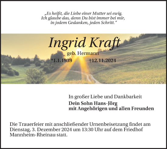 Traueranzeige von Ingrid Kraft von Mannheimer Morgen