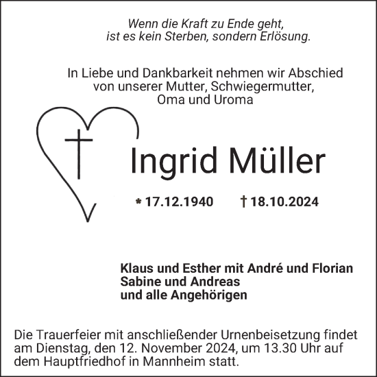 Traueranzeige von Ingrid Müller von Mannheimer Morgen