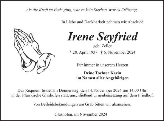 Traueranzeige von Irene Seyfried von Fränkische Nachrichten