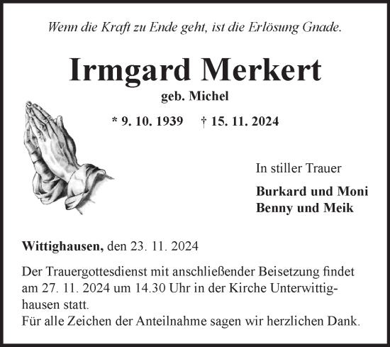 Traueranzeige von Irmgard Merkert von Fränkische Nachrichten