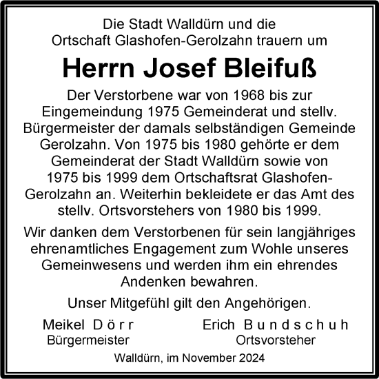 Traueranzeige von Joseph Bleifuß von Fränkische Nachrichten