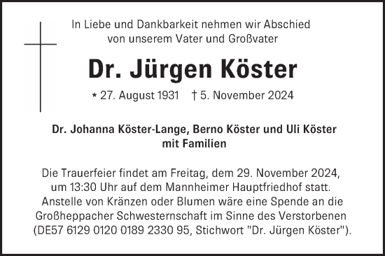 Traueranzeige von Jürgen Köster von Mannheimer Morgen