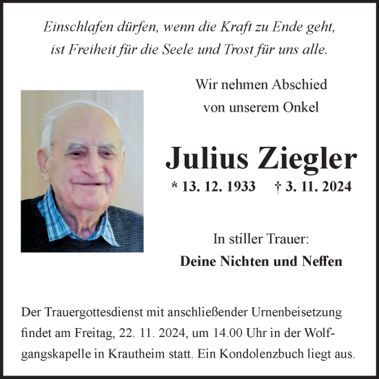 Traueranzeige von Julius Ziegler von Fränkische Nachrichten