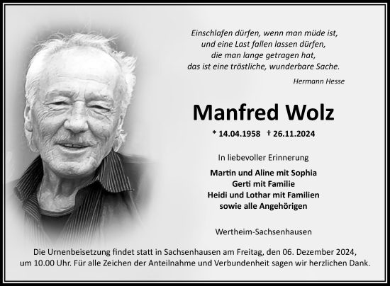 Traueranzeige von Manfred Wolz von Fränkische Nachrichten