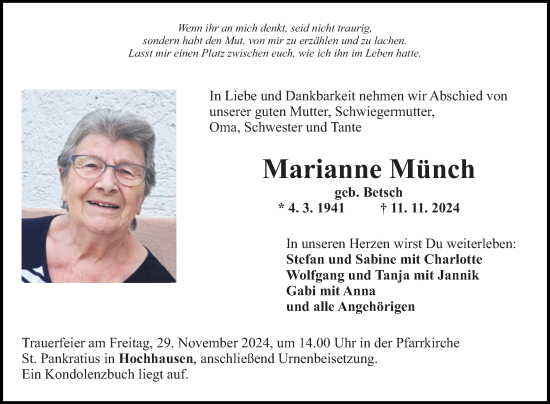 Traueranzeige von Marianne Münch von Fränkische Nachrichten