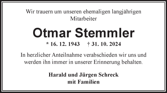 Traueranzeige von Otmar Stemmler von Fränkische Nachrichten