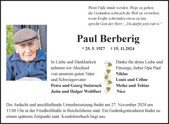 Traueranzeige von Paul Berberig von Fränkische Nachrichten