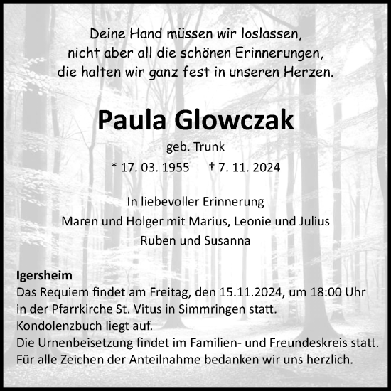 Traueranzeige von Paula Glowczak von Fränkische Nachrichten