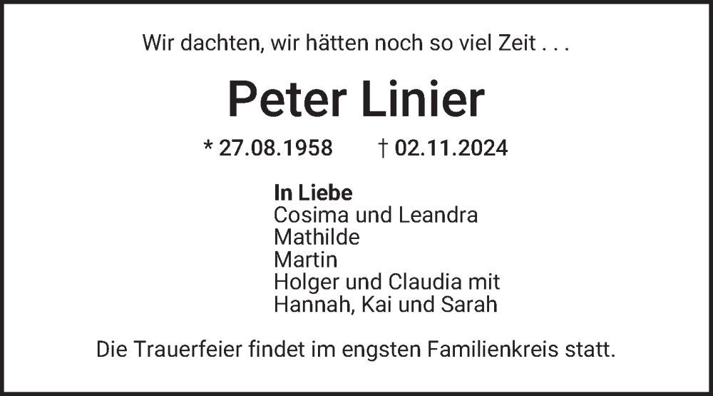  Traueranzeige für Peter Linier vom 09.11.2024 aus Mannheimer Morgen