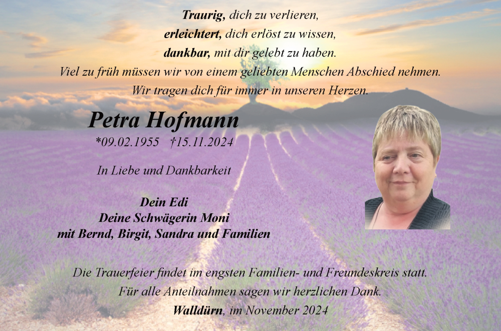  Traueranzeige für Petra Hofmann vom 23.11.2024 aus Fränkische Nachrichten