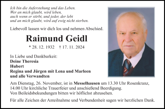 Traueranzeige von Raimund Geidl von Fränkische Nachrichten