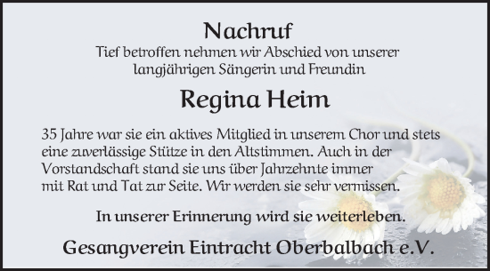 Traueranzeige von Regina Heim von Fränkische Nachrichten