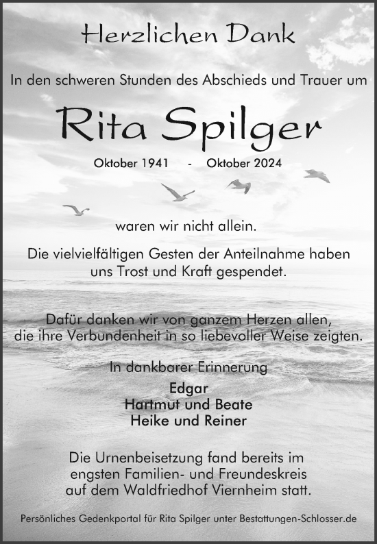 Traueranzeige von Rita Spilger von Mannheimer Morgen