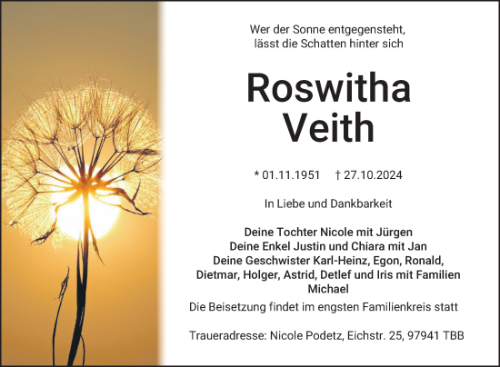 Traueranzeige von Roswitha Veith von Fränkische Nachrichten