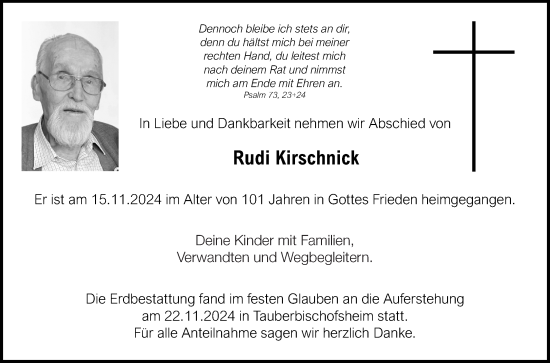 Traueranzeige von Rudi Kirschnick von Fränkische Nachrichten