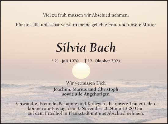 Traueranzeige von Silvia Bach von Schwetzinger Zeitung