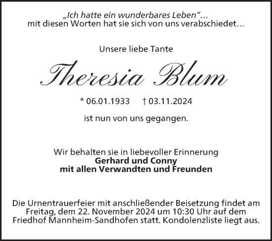 Traueranzeige von Theresia Blum von Mannheimer Morgen