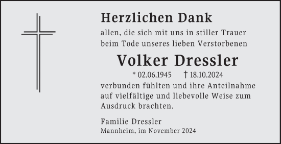 Traueranzeige von Volker Dressler von Mannheimer Morgen