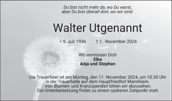 Traueranzeige von Walter Utgenannt von Mannheimer Morgen