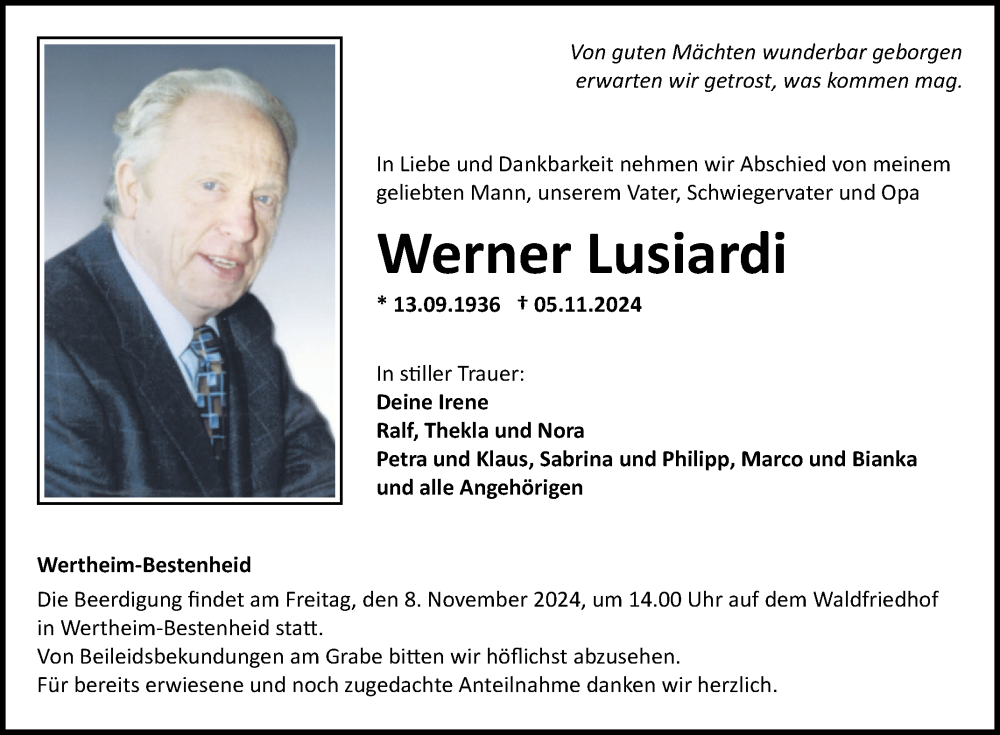  Traueranzeige für Werner Lusiardi vom 07.11.2024 aus Fränkische Nachrichten